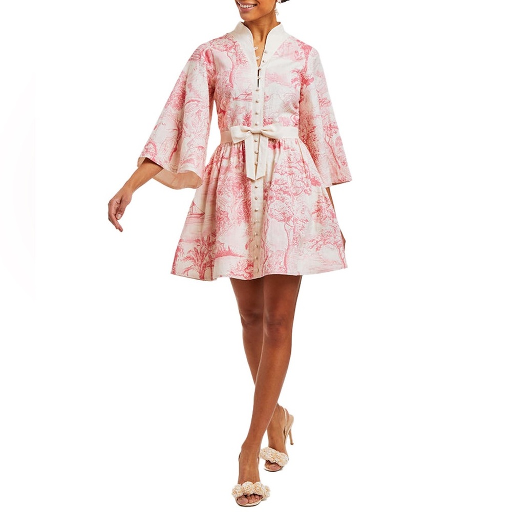 MESTIZA Carmen Pink Toile Mandarin Collar Kimono Sleeves Bow Mini Dress